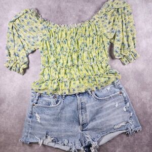 SO Ruffle Floral Blouse Top Womens Large Green Blue Cottagecore Sheer